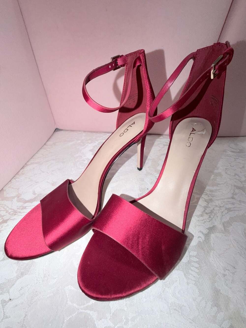 Aldo Red Satin Ankle Strap Stiletto Heels